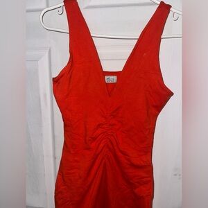 Oh Polly Vibrant Red-Orange V-Cut Mid Dress